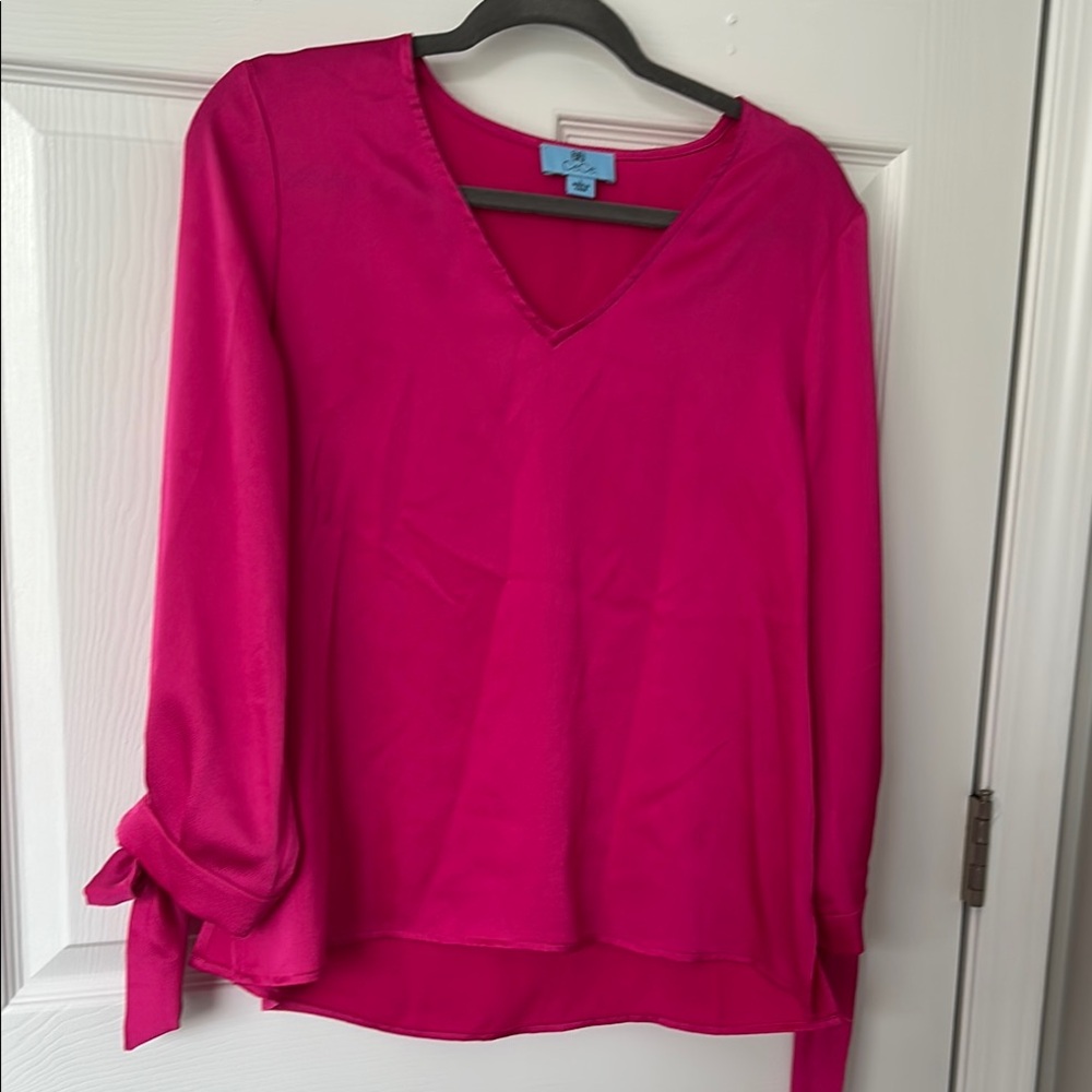 CeCe Fuchsia V-Neck Blouse with Tie Sleeves
